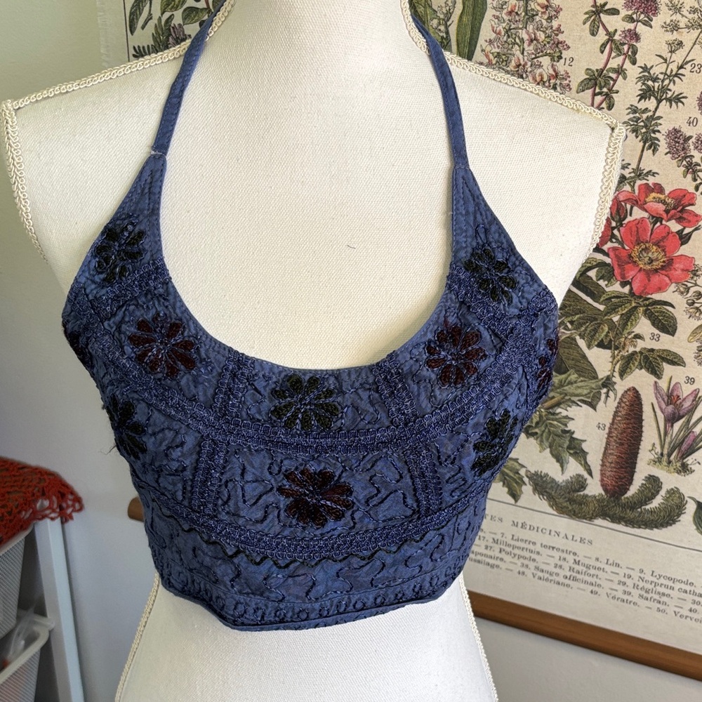 Embroidered Navy Boho Halter Crop Top